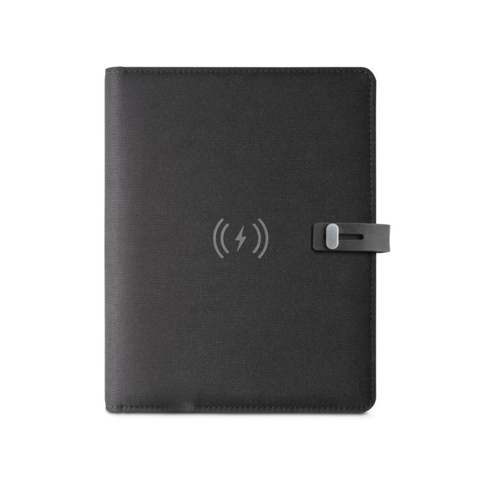 EMERGE A5 FOLDER. Mapa A5 din 300D poliester reciclat (100% rPET) cu încărcător wireless încorporat - Negru