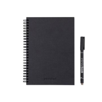 STARTER KIT INFINITEBOOK A5 PLANNER TEXTURE. Kit cuprinzând „Infinitebook” cu copertă tare, 1 kit de curățare, 1 marker și 1 suport pentru pix - Negru