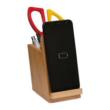Încărcător fără fir, din bambus - Beige - 7,8 × 11 × 11,5 cm