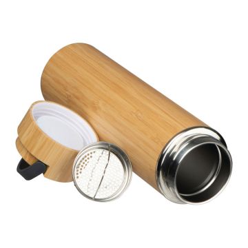 Sticlă termos de băut, oţel și bambus, 500 ml - Beige - ø 6,9 × 25,6 cm