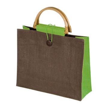Sacoșă din iută cu mânere din bambus - Verde - 33 × 11,5 × 27 cm