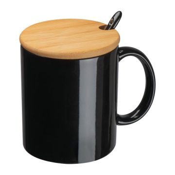Ceașcă ceramică cu lingură și capac de bambus