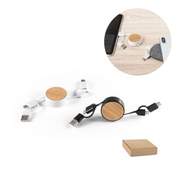 RUBINS. Cablu USB retractabil 6 în 1 din ABS reciclat (100% rABS) și bambus