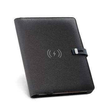 EMERGE A5 FOLDER. Mapa A5 din 300D poliester reciclat (100% rPET) cu încărcător wireless încorporat - Negru