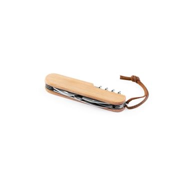 RYKER. Cuțit de buzunar multifuncțional din bambus și oțel inoxidabil cu mâner PU - Natural