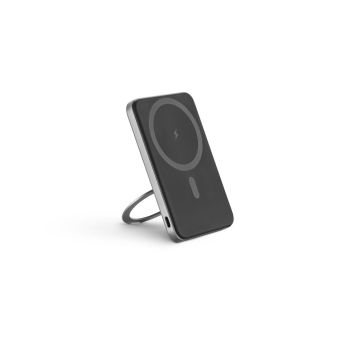 WARSHEL 5. Power bank magnetic de 5'000 mAh cu încărcător wireless ultrarapid de 15W din ABS reciclat (100% rABS) cu suport - Gri inchis