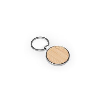 GASTON ROUND. Round iron keychain in zinc and bamboo - Natural